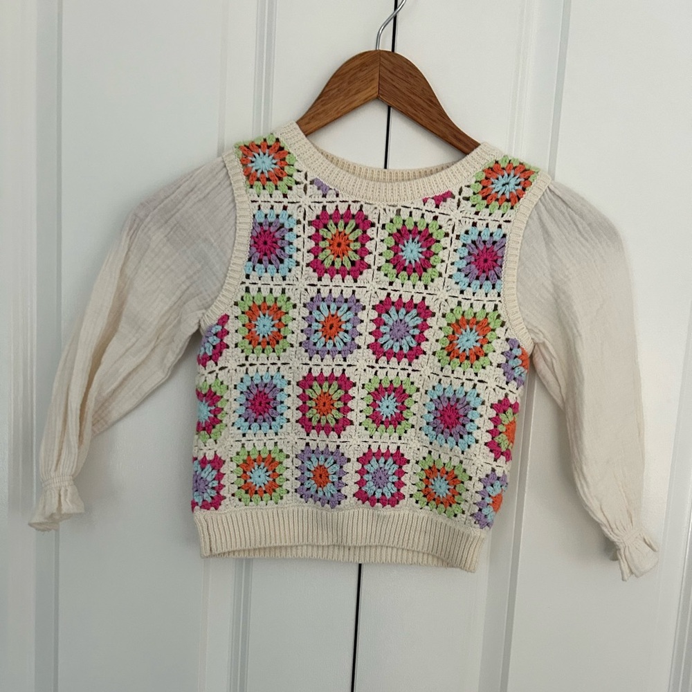 Zara Girls Crochet Long Sleeve Top Colorful 3-4 Years Granny Square Boho Hippie